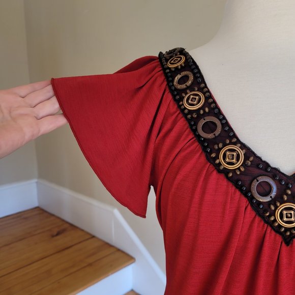 Beaded Embellished V-Neck Short Sleeve Blouse By Wrapper. Size Med - Picture 4 of 9